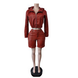 EVE Leather Long Sleeve Hooded Two Piece Shorts Set MEM-88672