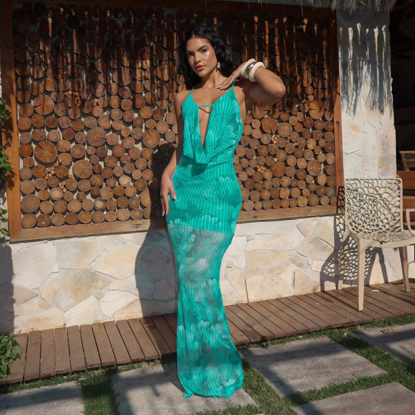 EVE Deep V Neck Print Backless Maxi Dress CYA-901985