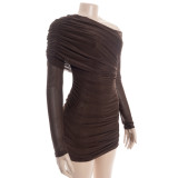 EVE Slash Neck Mesh Ruched Mini Dress GAXB-D456DS