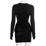 EVE Solid-Color Long-Sleeve Gathered Mini Dress GSZM-C25DS334