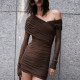 EVE Slash Neck Mesh Ruched Mini Dress GAXB-D456DS