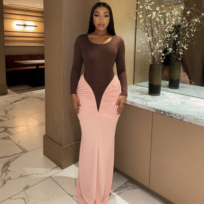 EVE Color Block Ruched Slim Maxi Dress GSZM-J25DS383