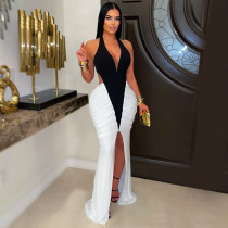 EVE V Neck Contrast Color Split Maxi Dress BY-7573