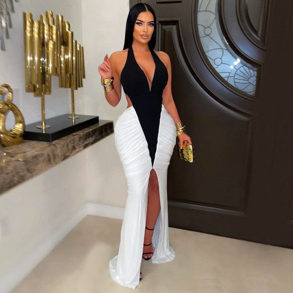 EVE V Neck Contrast Color Split Maxi Dress BY-7573
