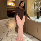 EVE Color Block Ruched Slim Maxi Dress GSZM-J25DS383