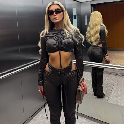 EVE Solid Color Ruched Tops Two Piece Pants Set GZJQ-K25S85221