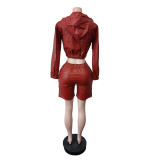 EVE Leather Long Sleeve Hooded Two Piece Shorts Set MEM-88672