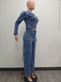 EVE Single Breasted Washed Denim Two Piece Pant Set TK-6348
