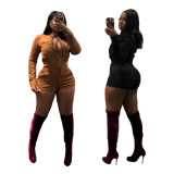 EVE Solid Color Long Sleeve Velvet Short Set MEM-88673