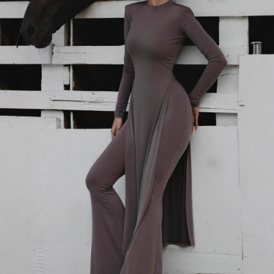 EVE Long Sleeve Split Long Tops Flare Pants 2 Piece Set GAXB-W435ST