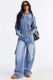 EVE Fashion Denim Multi-pockets Wide Leg Jumpsuit LX-6073