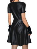 EVE V Neck Zipper Faux Leather Mini Dress OMY-12023
