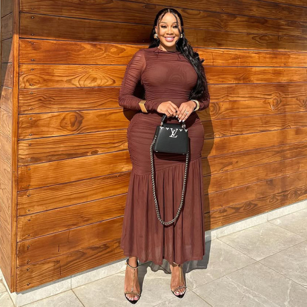 EVE Solid Color Ruched Long Sleeve Maxi Dress GJYO-JD303290