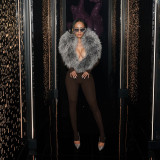 EVE Deep V Neck Furrzy Neck Jumpsuit MXBF-Q25JP303