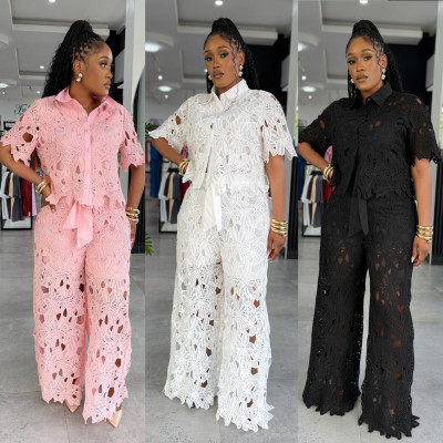 EVE Hollow Out Lace Tie Up Two Piece Pant Set NY-3793