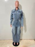 EVE Fashion Denim Multi-pockets Wide Leg Jumpsuit LX-6073