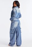 EVE Fashion Denim Multi-pockets Wide Leg Jumpsuit LX-6073