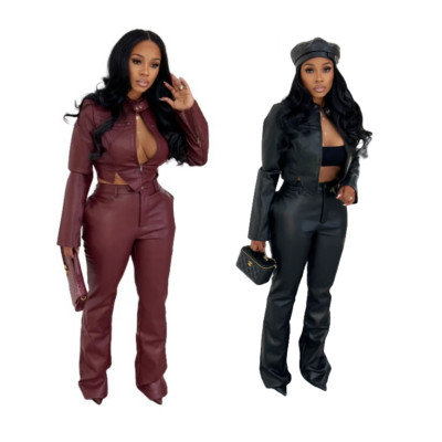 EVE Casual PU Leather Two Piece Pant Set MEM-88674