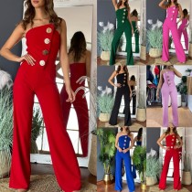 EVE Solid Color Wrap Chest Micro Flare Jumpsuit GSZE-ST24265