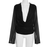 EVE Deep V-Neck Chiffon Mesh Long-Sleeve Blouse MXBF-J25TP327