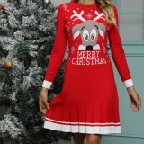 EVE Christmas Pattern Crew Neck Knit Sweater Dress GSGS-3888