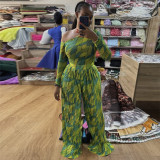 EVE Print Slash Neck Long Sleeve Wide Leg Pants Suit GANY-LB669