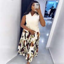EVE Sleeveless V Neck Vest And Print Long Skirts Suit GANY-LB1069