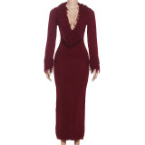 EVE Deep V Neck Solid Color Knits Long Dress DLSF-W25D84208