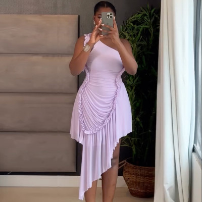 EVE Single Shoulder Ruffles Irregular Midi Dress GANY-LB1764