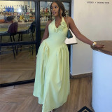 EVE Halterneck V Neck Solid Color Maxi Dress GANY-LB1290