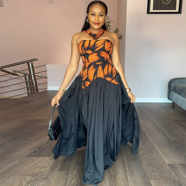 EVE Sleeveless Print Color Block Pleated Maxi Dress GANY-LB1225