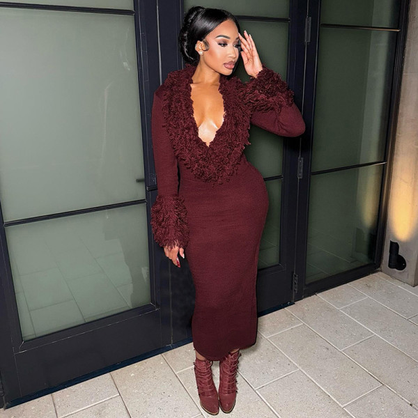 EVE Deep V Neck Solid Color Knits Long Dress DLSF-W25D84208