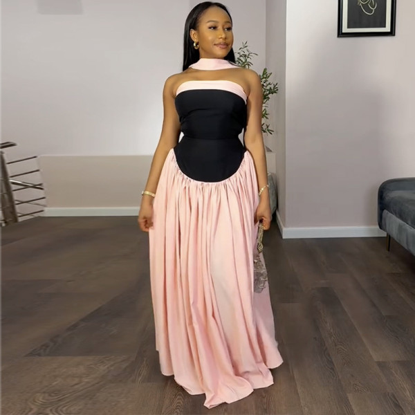 EVE Wrap Chest Color Block Pleated Maxi Dress GANY-LB1001