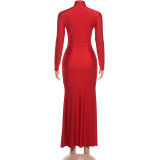 EVE Ruched Long Sleeve Solid Color Maxi Dress XEF-K25D85352