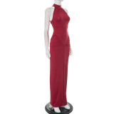 EVE Sleeveless Solid Color Ruched Split Maxi Dress GSBW-Q25DS104