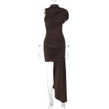 EVE O Neck Solid Color Ruched Irregular Mini Dress BLG-D5218432K