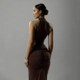 EVE Sleeveless Solid Color Ruched Split Maxi Dress GSBW-Q25DS104