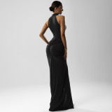 EVE Sleeveless Solid Color Ruched Split Maxi Dress GSBW-Q25DS104