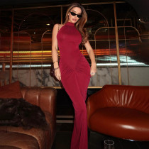 EVE Sleeveless Solid Color Ruched Split Maxi Dress GSBW-Q25DS104