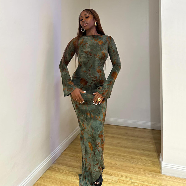 EVE Long Sleeve Print Tie Up Backless Maxi Dress GAXB-A646DS