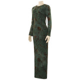 EVE Long Sleeve Print Tie Up Backless Maxi Dress GAXB-A646DS