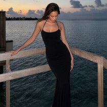 EVE Solid Color Halterneck Backless Maxi Dress GLAG-D5920317F