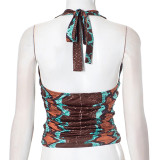 EVE Tie Up Hollow Out Backless Print T Shirt MXBF-K24TP468