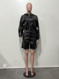EVE PU Leather Zipper Coats Two Piece Shorts Set OLYF-6195