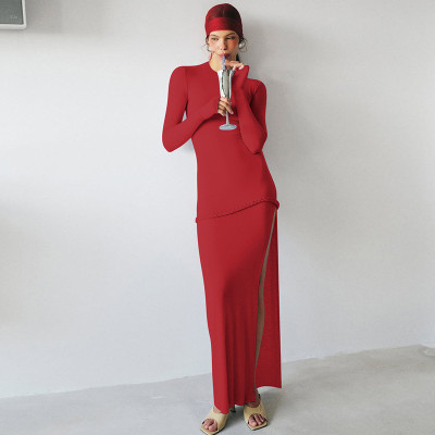 EVE Long Sleeve Patchwork Twist-Knot Split Maxi Dress GLAG-D5920243G