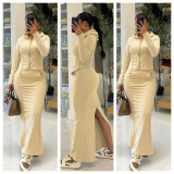 EVE Solid Color Hooded Tops Split Long Skirt 2 Piece Set YD-8834