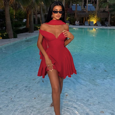 EVE Solid Color V Neck Mini Puffy Dress GLAG-D5819932F