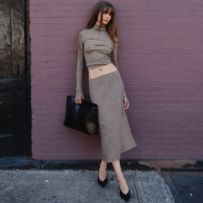 EVE Plaid Print Long Sleeve Tops Two Piece Skirts Set GLAG-S5920249G