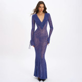 EVE Print Flocked Mesh V Neck Maxi Dress GSBD-D25DS419