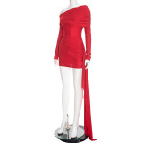 EVE Off Shoulder Lapel Long Sleeve Ribbon Mini Dress GSBD-D25DS481